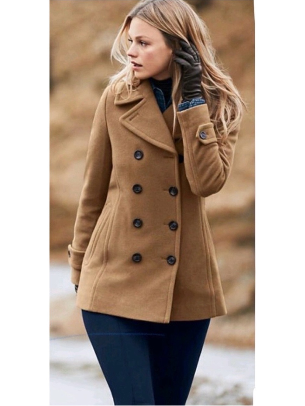 LAND’S END Wool Cashmere Camel Double-Breasted Pea Coat 8P